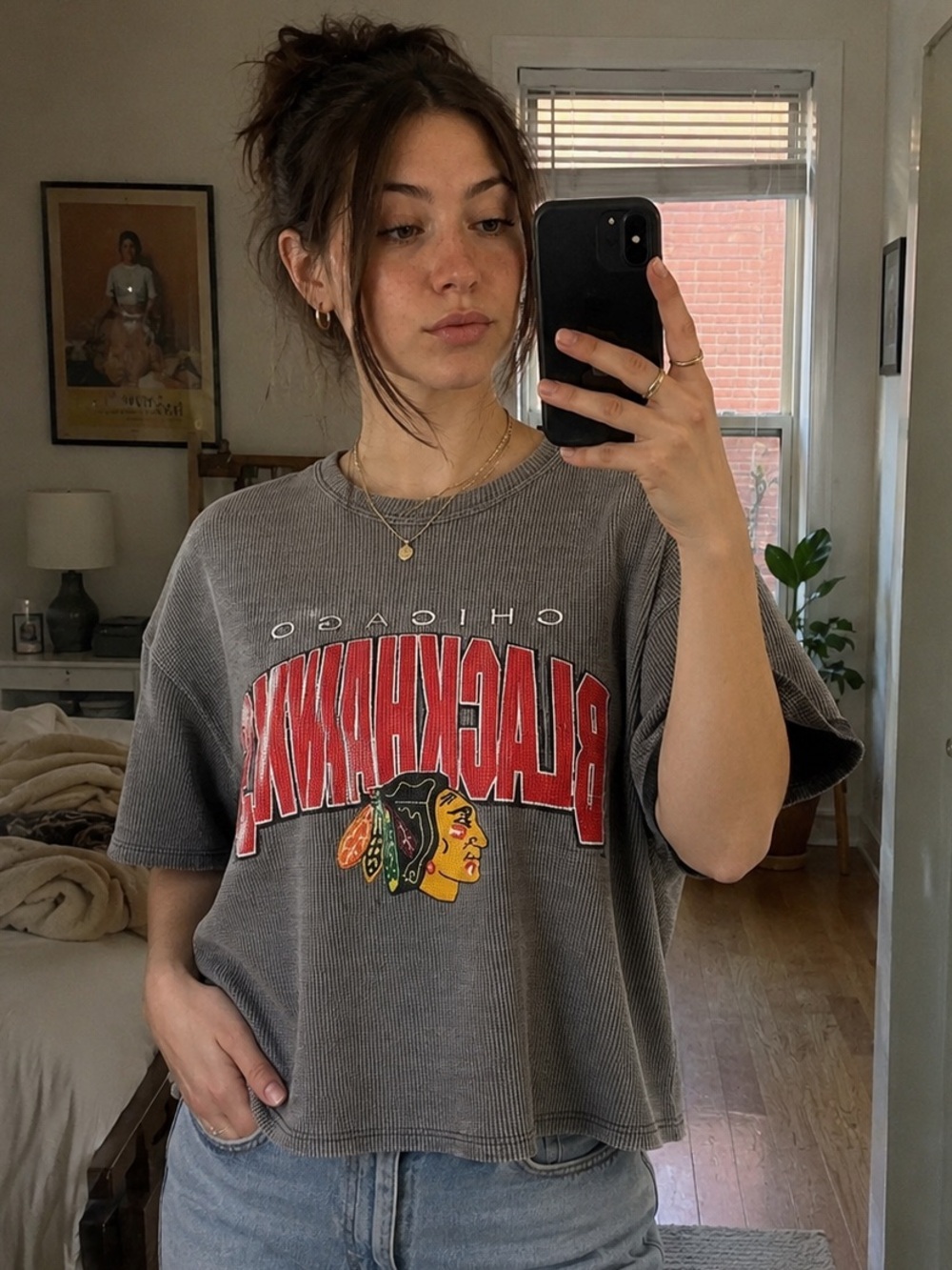 Vintage Chicago Blackhawks Graphic Waffle Thermal Knit Hockey Tee 90s Y2K